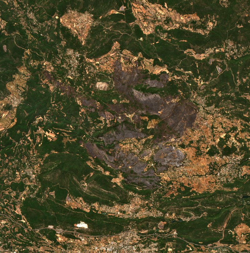 Sentinel-2-Satellitenbild desselben Gebiets bei Correns nach dem Brand, am 3. August 2026