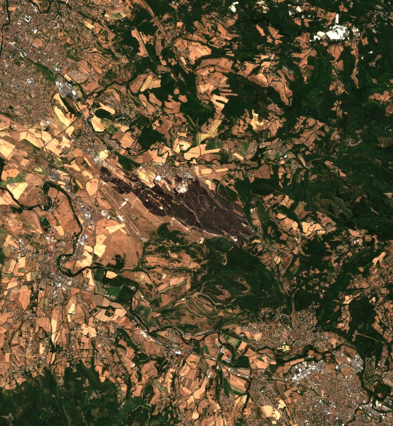 Sentinel-2 satellite image of the same area near Valdurenque after the fire, on 28 July 2026