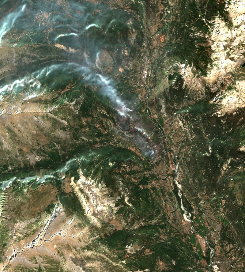 Sentinel-2 satellite image of the same area near Freissinières after the fire, on 24 July 2026