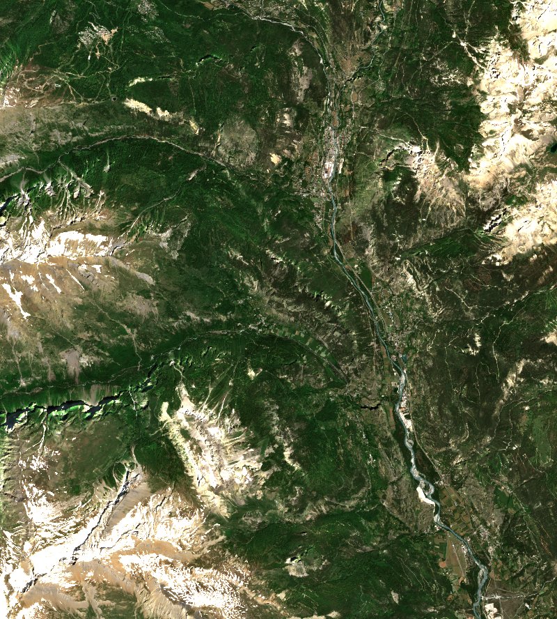 Sentinel-2 satellite image of the area near Freissinières before the fire, on 12 June 2026