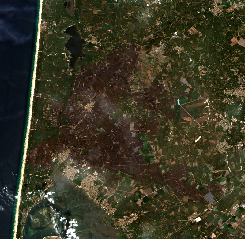 Sentinel-2-Satellitenbild desselben Gebiets bei Le Porge nach dem Brand, am 2. August 2026