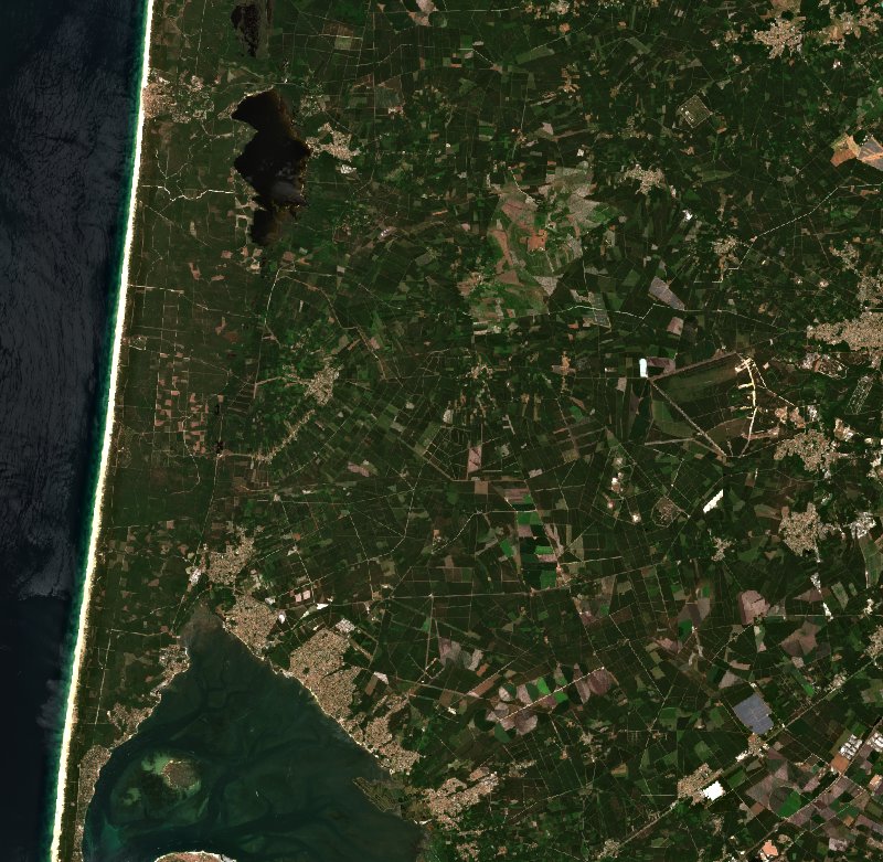 Sentinel-2-Satellitenbild des Gebiets bei Le Porge vor dem Brand, am 23. Juni 2026