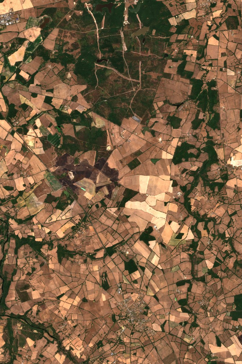 Image satellite Sentinel-2 de la même zone de la thus-Saint-Rémy après l'incendie, le 28 juillet 2026