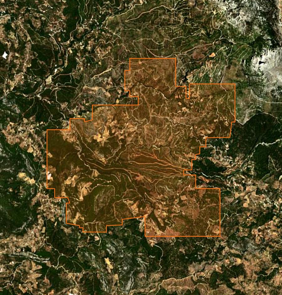 Contour de la zone brûlée d'Alanya (TR), tracé sur l'imagerie satellite