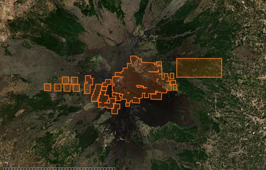 Contour de la zone brûlée de Zafferana Etnea (IT), tracé sur l'imagerie satellite