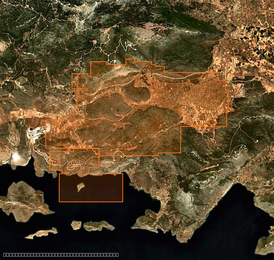 Contour de la zone brûlée de Δημοτική Ενότητα Θίσβης (GR), tracé sur l'imagerie satellite