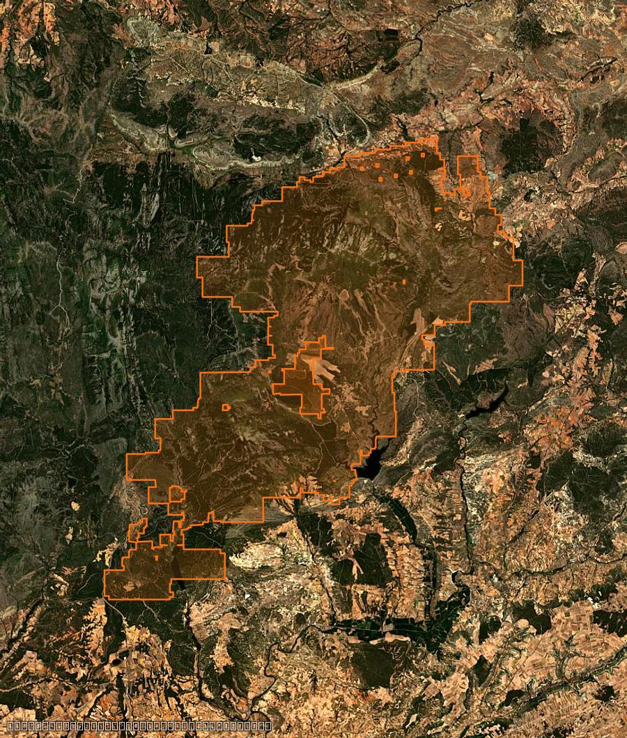Contour de la zone brûlée de la s Navas de Jadraque (ES), tracé sur l'imagerie satellite