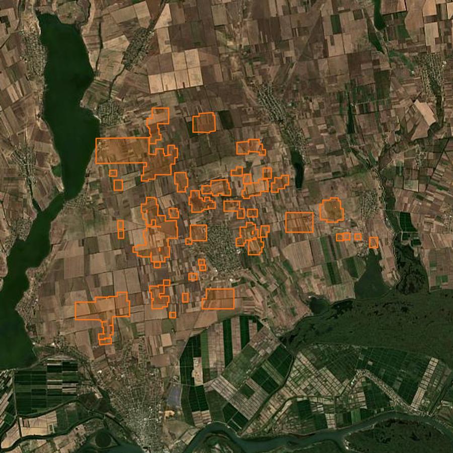 Contour de la zone brûlée de Кілійська міська громада (UA), tracé sur l'imagerie satellite