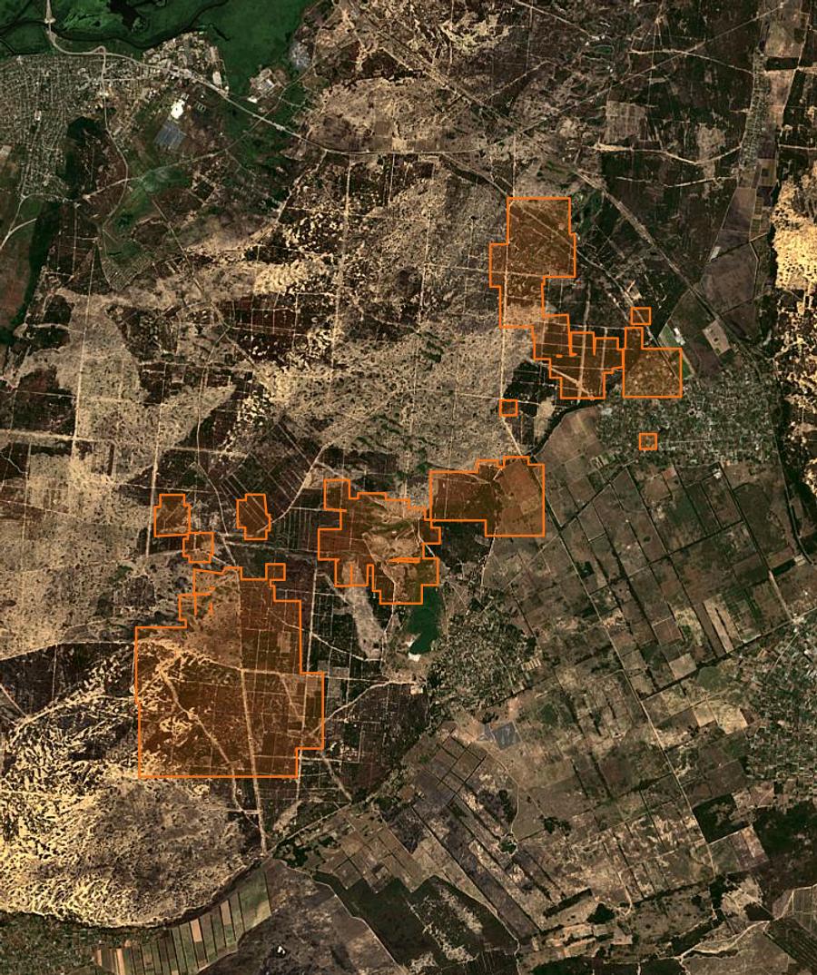 Contour de la zone brûlée de Олешківська міська громада (UA), tracé sur l'imagerie satellite