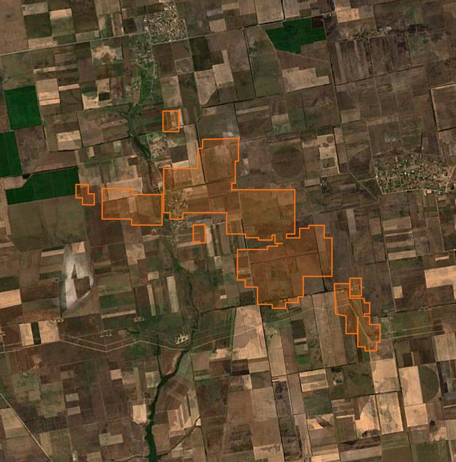 Contour de la zone brûlée de Білозерська селищна громада (UA), tracé sur l'imagerie satellite