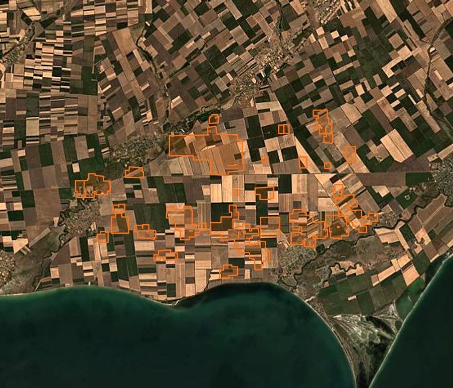 Contour de la zone brûlée de Приморська міська громада (UA), tracé sur l'imagerie satellite
