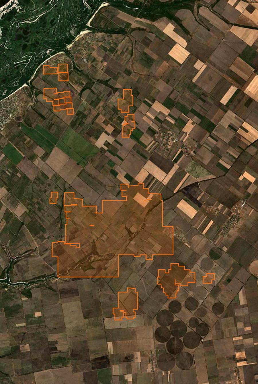 Contour de la zone brûlée de Горностаївська селищна громада (UA), tracé sur l'imagerie satellite