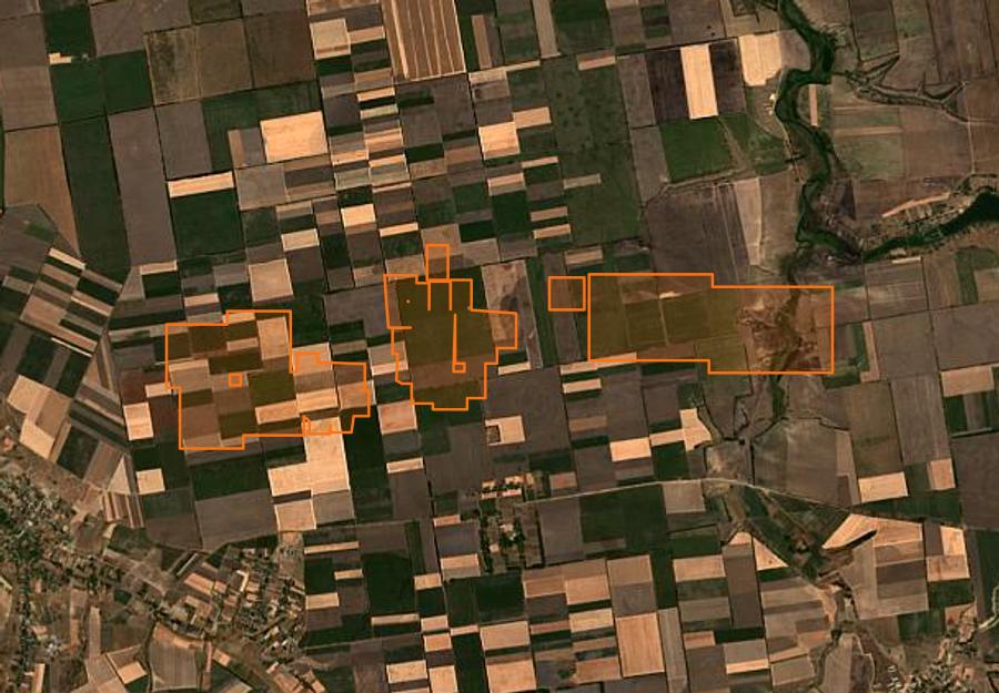 Contour de la zone brûlée de Верхньорогачицька селищна громада (UA), tracé sur l'imagerie satellite
