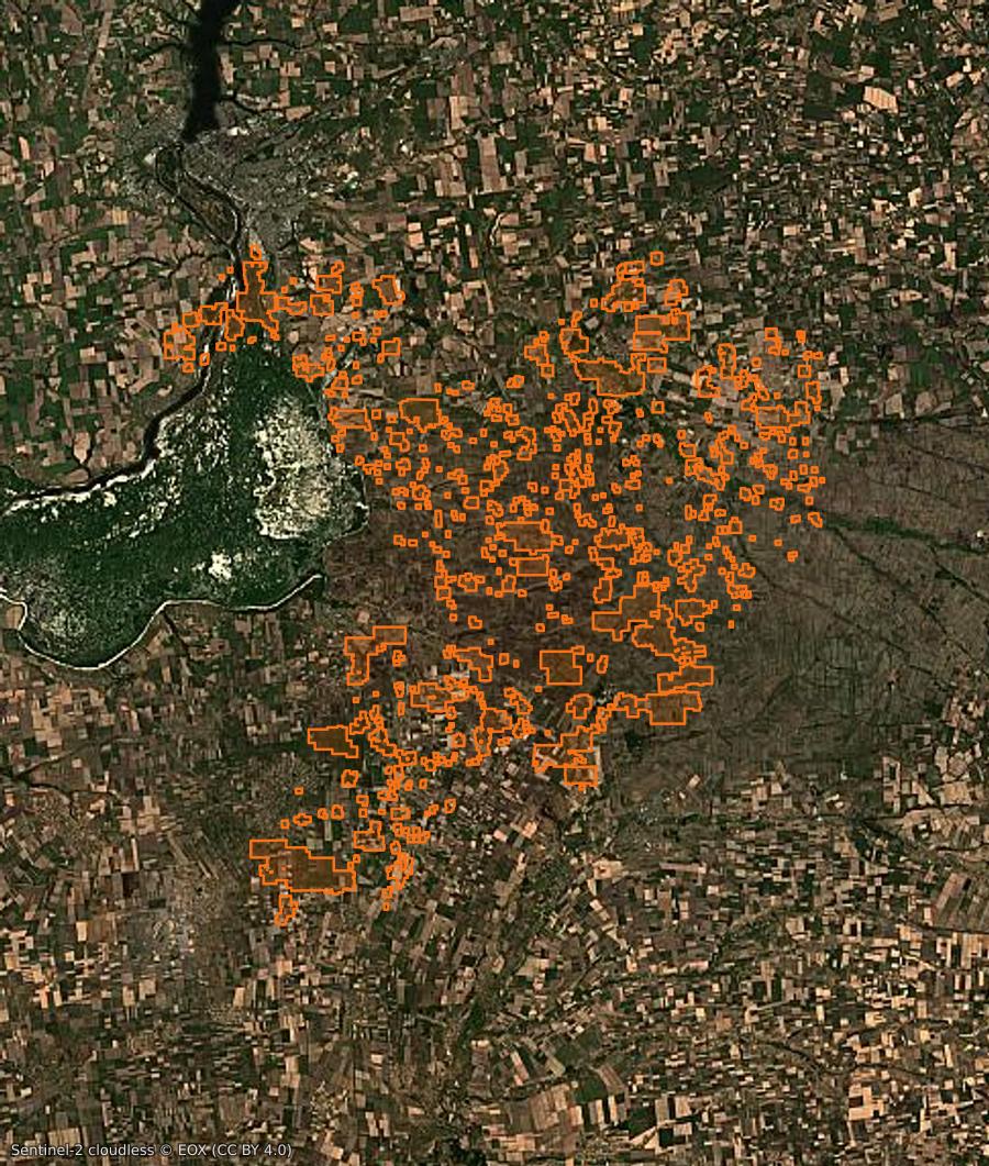 Contour de la zone brûlée de Оріхівська міська громада (UA), tracé sur l'imagerie satellite