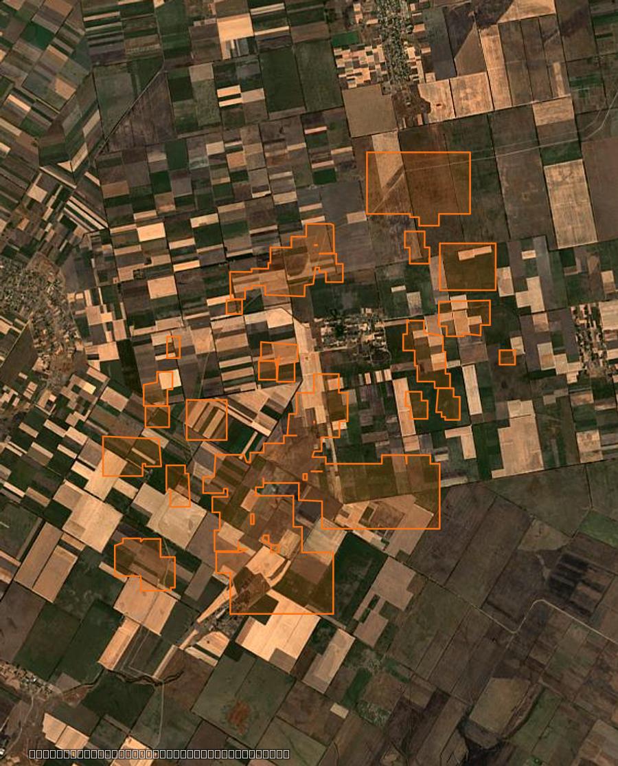 Contour de la zone brûlée de Новоолександрівська сільська громада (UA), tracé sur l'imagerie satellite