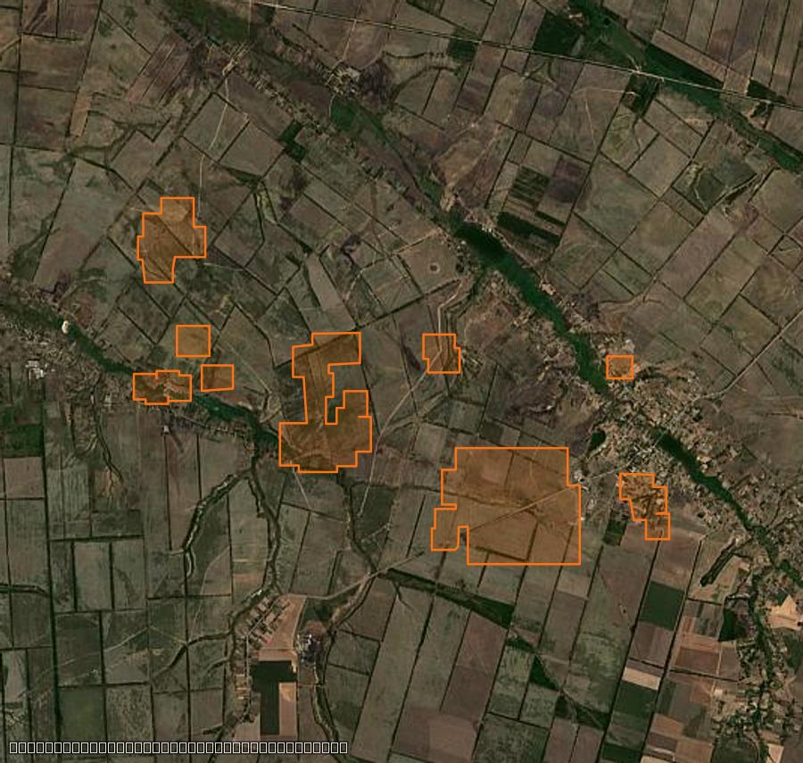 Contour de la zone brûlée de Пологівська міська громада (UA), tracé sur l'imagerie satellite