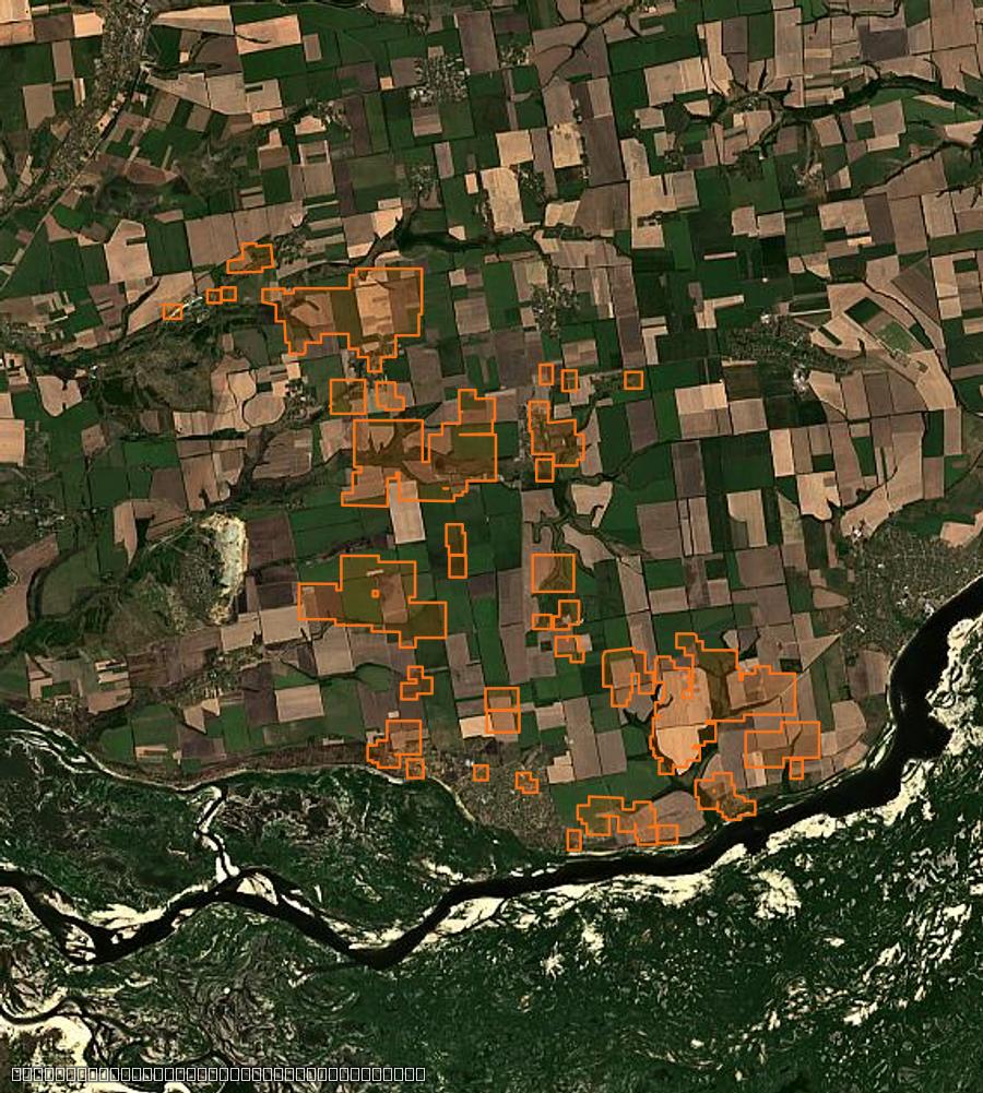 Contour de la zone brûlée de Біленьківська сільська громада (UA), tracé sur l'imagerie satellite