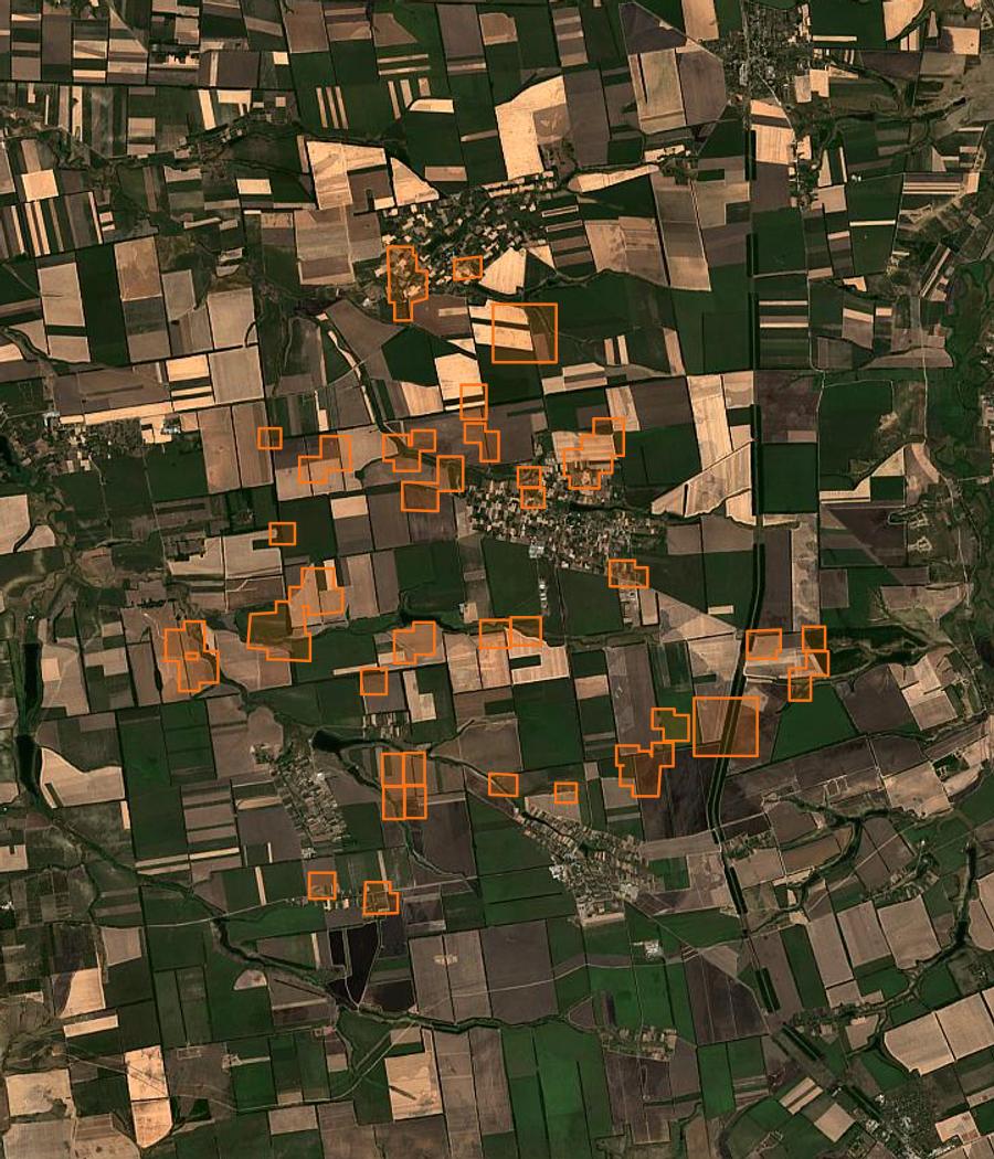 Contour de la zone brûlée de Тернуватська селищна громада (UA), tracé sur l'imagerie satellite