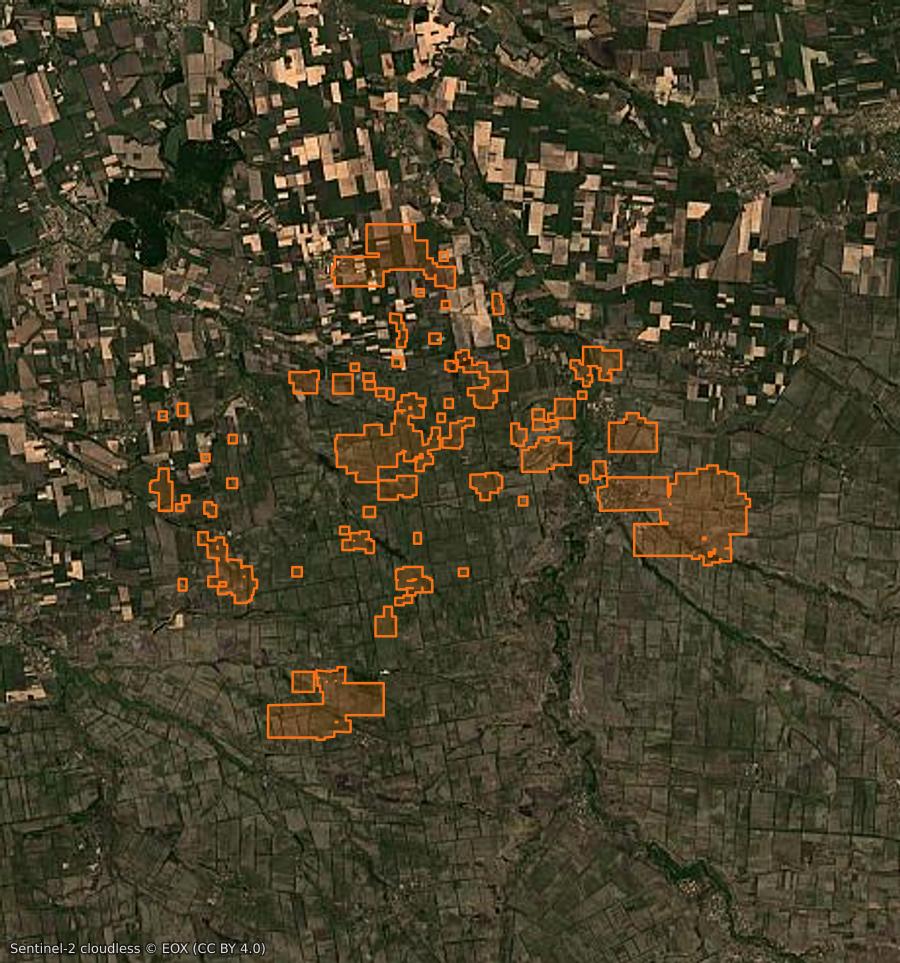 Contour de la zone brûlée de Комарська сільська громада (UA), tracé sur l'imagerie satellite