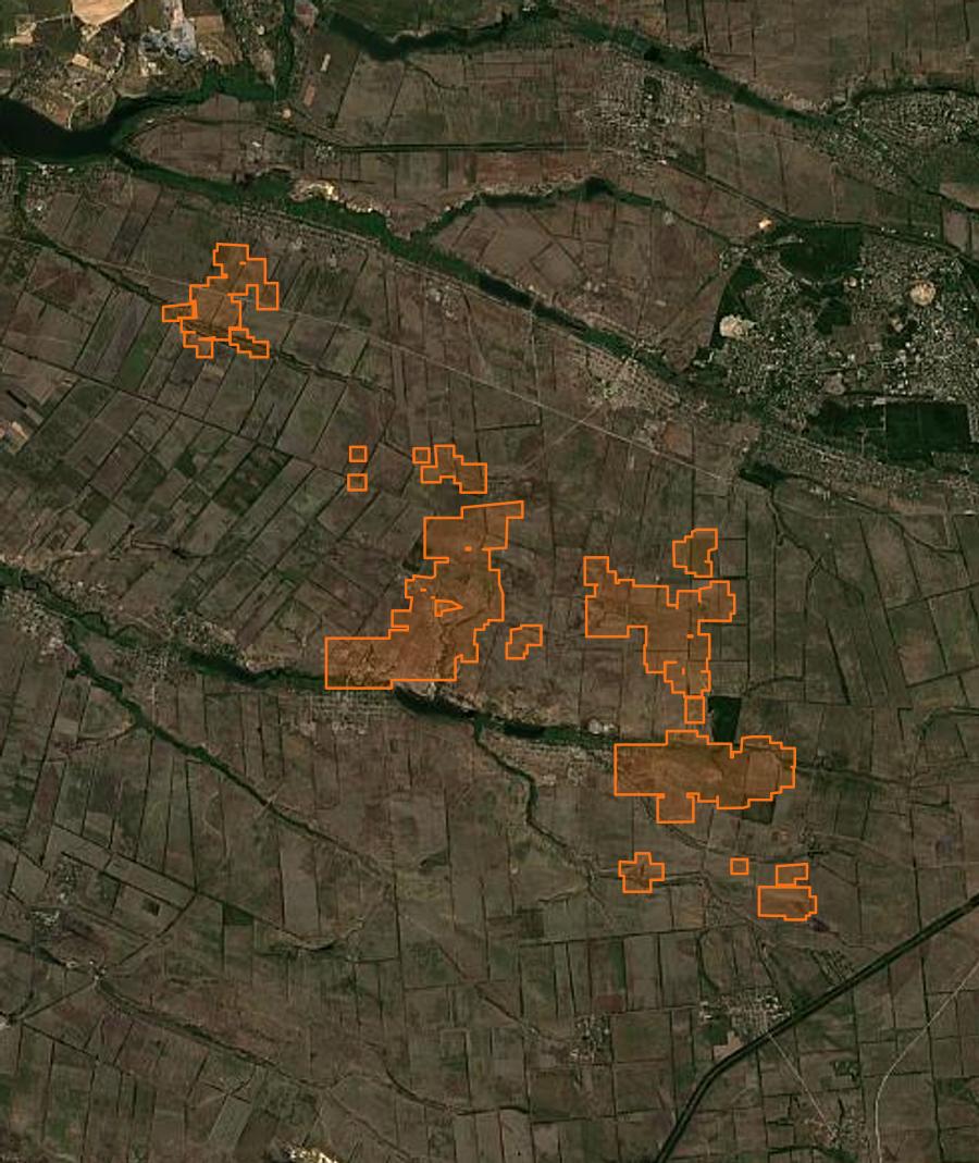 Contour de la zone brûlée de Мар'їнська міська громада (UA), tracé sur l'imagerie satellite