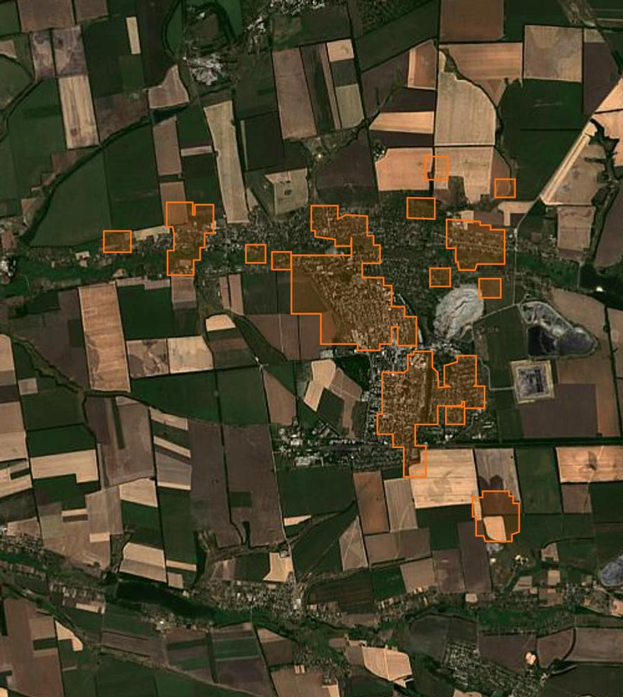 Contour de la zone brûlée de Добропільська міська громада (UA), tracé sur l'imagerie satellite